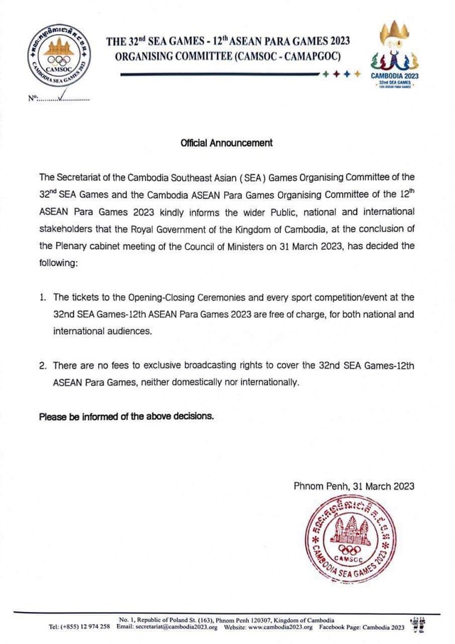 Campuchia rút quyết định bán bản quyền SEA Games 32, những nước đã mua được hoàn tiền - Ảnh 1.