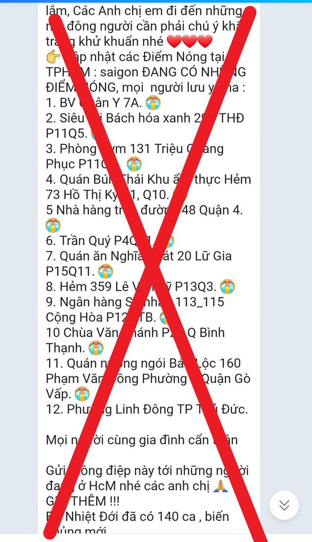 Tin 'TP.HCM đang có 12 'điểm nóng', 140 ca Covid-19 biến chủng mới' là sai sự thật - Ảnh 1.