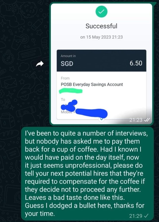 Chàng trai bị đòi 6,5 SGD tiền cà phê trong buổi phỏng vấn - Ảnh 2.