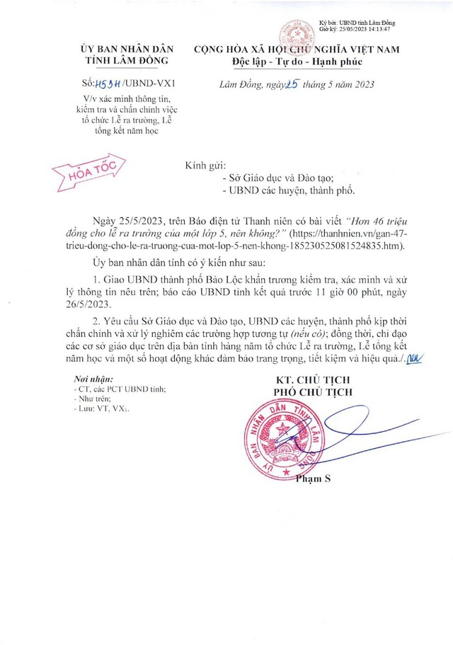 Văn hỏa tốc của UBND tỉnh Lâm Đồng yêu cầu xác minh thông tin, kiểm tra và chấn chỉnh việc tổ chức lễ ra trường, lễ tổng kết năm học
