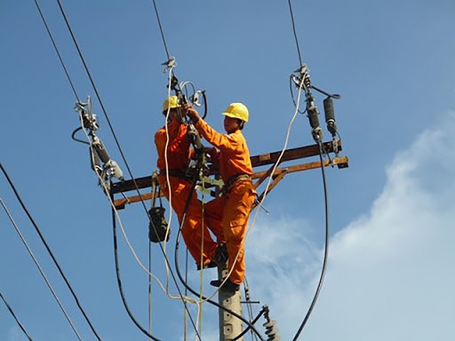 Nhân viên Công ty Điện lực Vĩnh Long bảo trì lưới điện