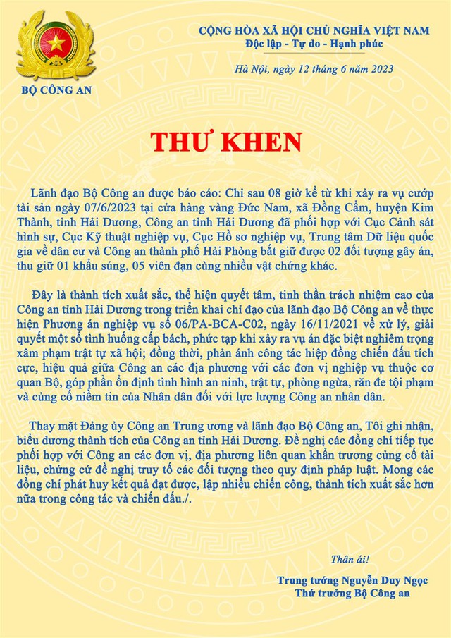 Bộ Công an gửi thư khen Công an Hải Dương phá án nhanh vụ cướp tiệm vàng - Ảnh 1.