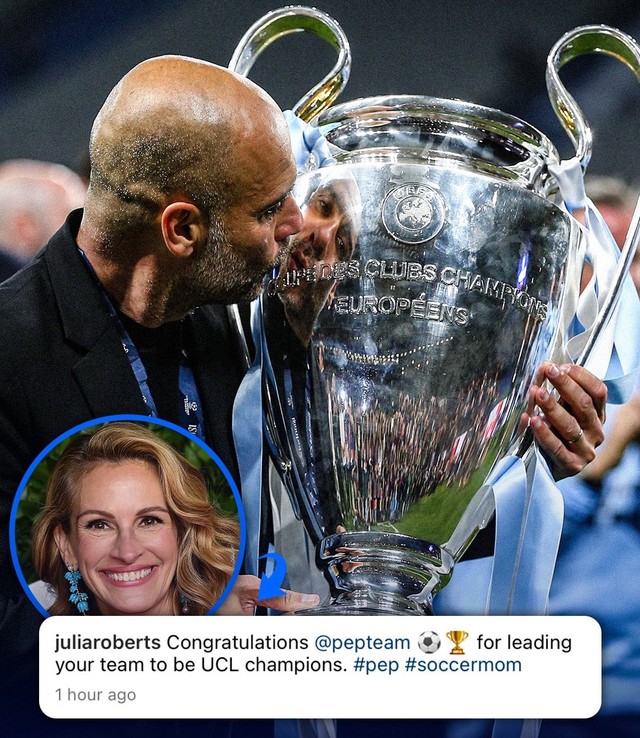 Julia Roberts (ảnh nhỏ), CĐV trung thành của M.U. Cô chỉ chúc mừng HLV Pep Guardiola vô địch Champions League, không đả động gì tới CLB Man City