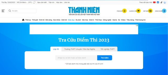 Thí sinh tra cứu điểm thi lớp 10 trên Báo Thanh Niên điện tử - Ảnh 1.