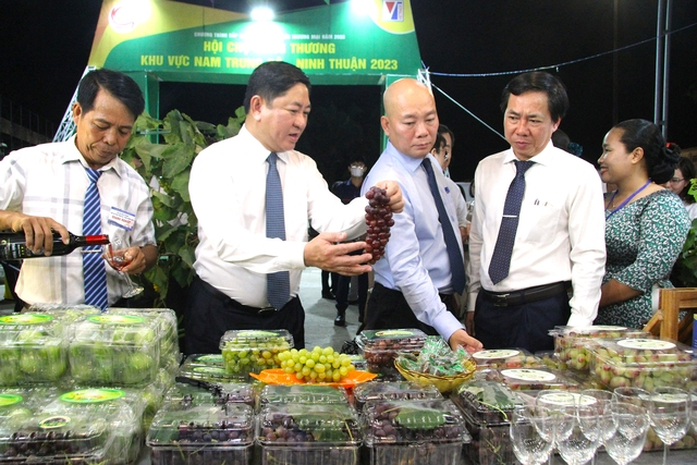 Chủ tịch UBND tỉnh Ninh Thuận Trần quốc Nam (thứ hai từ trái sang) tham quan gian hàng giới thiệu các sản phẩm nho  Ảnh: Thiện Nhân