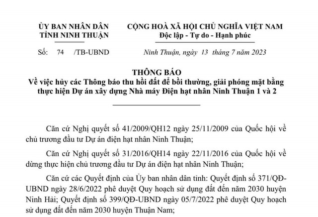 Hủy thông báo thu hồi đất thực hiện xây dựng nhà máy điện hạt nhân Ninh Thuận - Ảnh 1.
