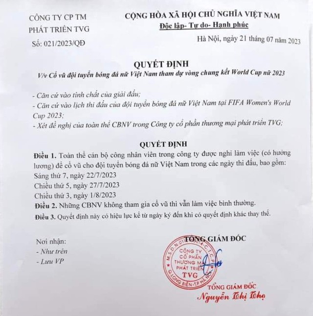 Công ty cho nhân viên nghỉ làm cổ vũ tuyển nữ Việt Nam đá World Cup 2023 - Ảnh 1.