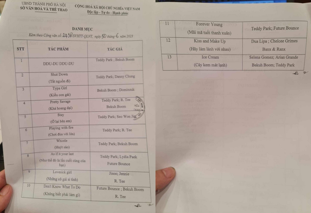 Ảnh chụp danh sách ca khúc tại concert Born Pink chặng Hà Nội đang được lan truyền trên mạng xã hội. ẢNH CHỤP FACEBOOK