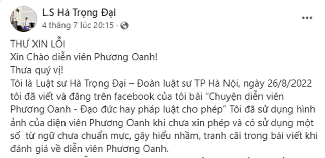Luật sư Hà Trọng Đại xin lỗi diễn viên Phương Oanh - Ảnh 2.