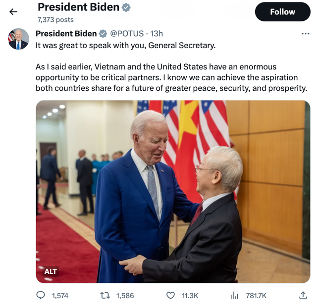 Tổng thống Mỹ Joe Biden cảm ơn Việt Nam trên mạng xã hội - Ảnh 1.