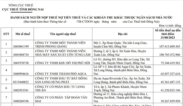 Đồng Nai: Công khai danh sách 115 doanh nghiệp nợ thuế gần 776 tỉ đồng - Ảnh 1.