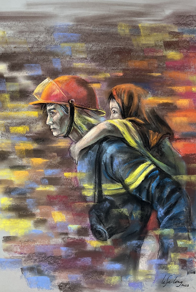 Ngắm tranh họa sĩ Lê Sa Long tôn vinh các 'người hùng' cứu nạn ở Hà Nội - Ảnh 6.