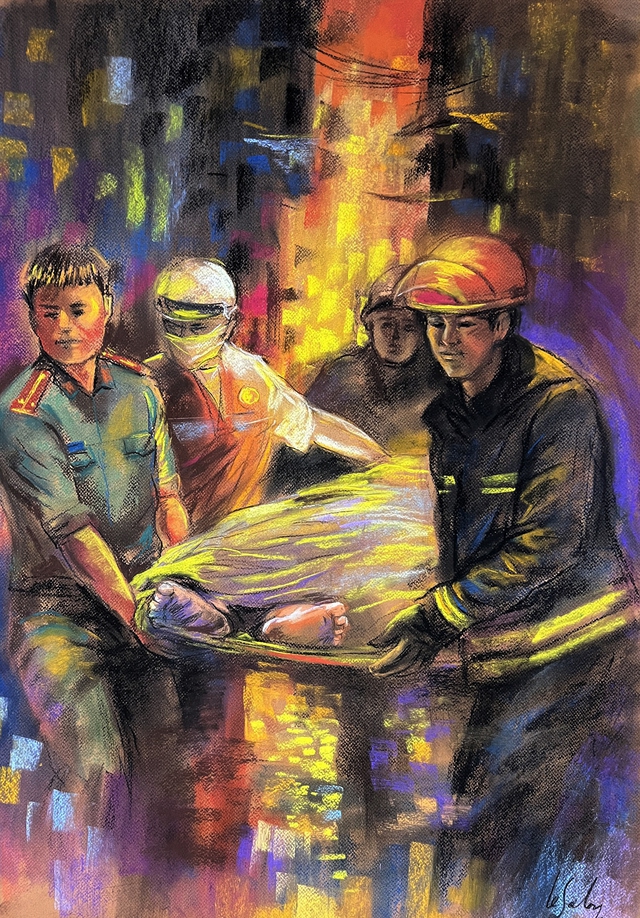 Ngắm tranh họa sĩ Lê Sa Long tôn vinh các 'người hùng' cứu nạn ở Hà Nội - Ảnh 4.