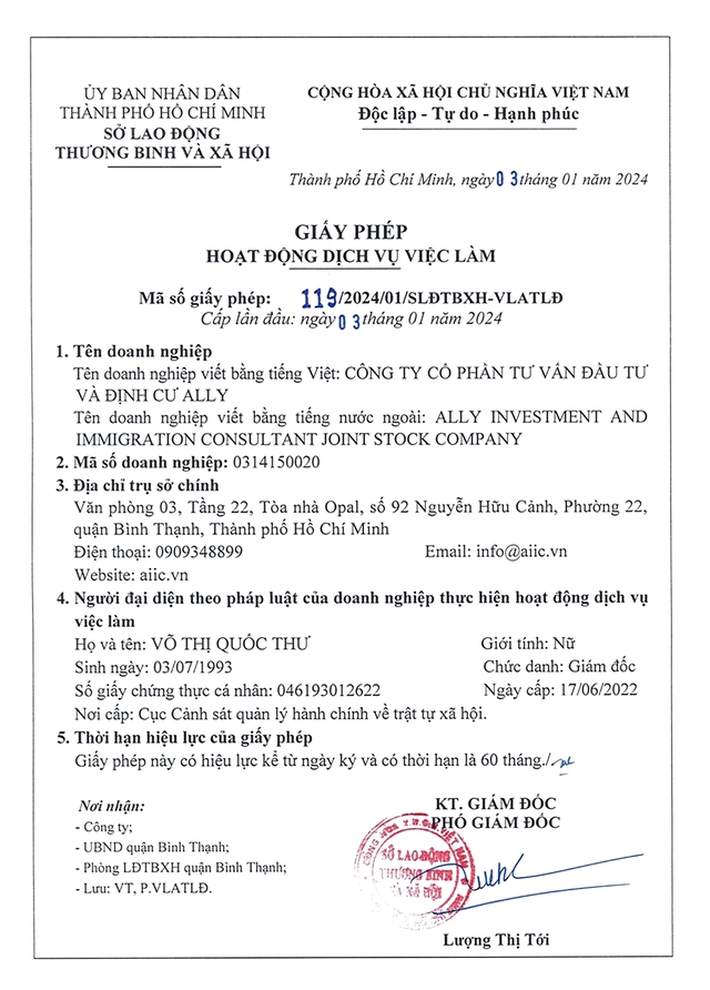 Giấy phép Hoạt động Dịch vụ Việc làm&quot; của ALLY được cấp từ Sở Lao động Thương binh và Xã hội TP.HCM.