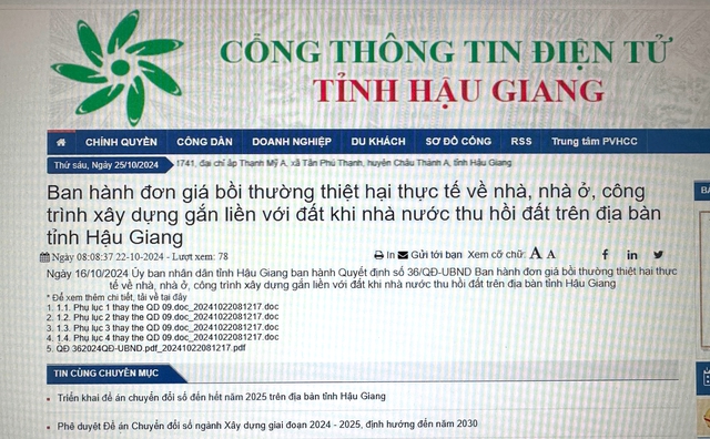 Cổng thông tin điện tử tỉnh Hậu Giang đăng tải QĐ36 liên quan công tác bồi thường khi thu hồi đất