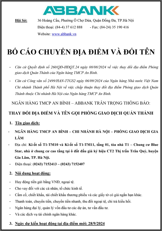 ABBank thông báo thay đổi địa điểm và tên gọi Phòng giao dịch Quán Thánh- Ảnh 1.