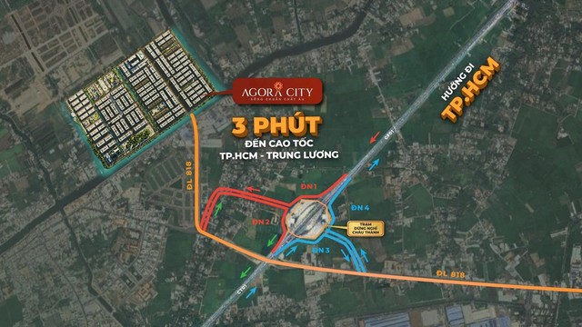 Agora City cách nút giao cao tốc TP.HCM - Trung Lương chỉ 3 phút, từ đó di chuyển đến trung tâm TP.HCM chỉ còn 20 phút