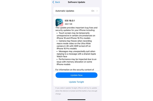 Apple bất ngờ phát hành iOS 18.0.1 cho người dùng iPhone- Ảnh 1.