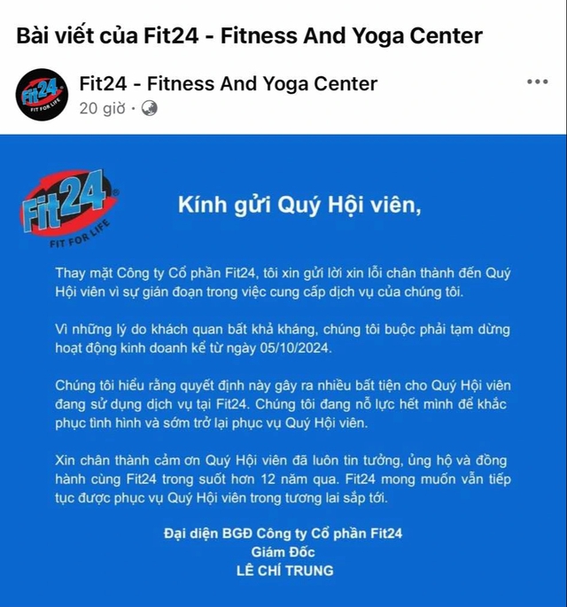 Chuỗi phòng gym Fit24 TP.HCM 'tạm' đóng cửa: Nhiều nhân viên, hội viên mua gói năm hoang mang- Ảnh 2.