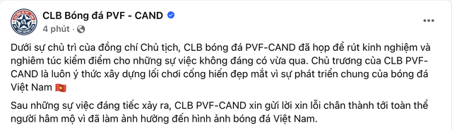 Bị 3 án phạt nặng sau vụ ẩu đả, PVF-CAND xin lỗi: CLB đã nghiêm túc kiểm điểm!- Ảnh 1.