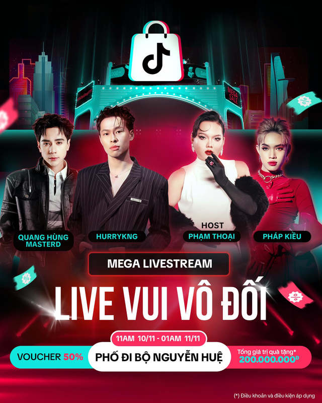 Phạm Thoại cùng dàn nghệ sĩ HURRYKNG, Quang Hùng MasterD và Pháp Kiều hứa hẹn khuấy động phiên Mega Livestream 10.11, mang đến trải nghiệm mua sắm kết hợp giải trí "có một không hai" cho khán giả