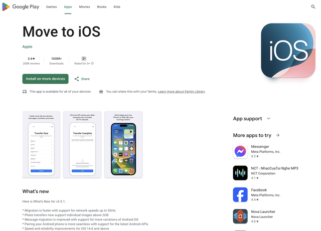 Ứng dụng Move to iOS lọt top tải nhiều nhất Google Play