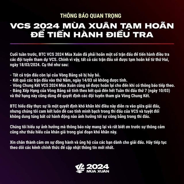 VCS Mùa xuân 2024 hoãn thi đấu vô thời hạn để điều tra nghi vấn tiêu cực- Ảnh 1.