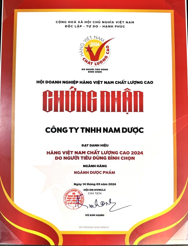 Nam Dược tiếp tục giữ vững danh hiệu Hàng Việt Nam chất lượng cao năm 2024- Ảnh 1.