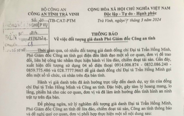 Cảnh báo nghi can lừa đảo giả danh Phó giám đốc Công an tỉnh Trà Vinh- Ảnh 1.