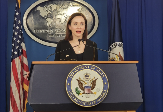 Bà Mira Rapp-Hooper, Giám đốc cấp cao về Đông Á và châu Đại Dương của Hội đồng An ninh Quốc gia Mỹ phát biểu trong cuộc họp báo tại Trung tâm Báo chí Nước ngoài (Washington, Mỹ) vào ngày 9.4.2024