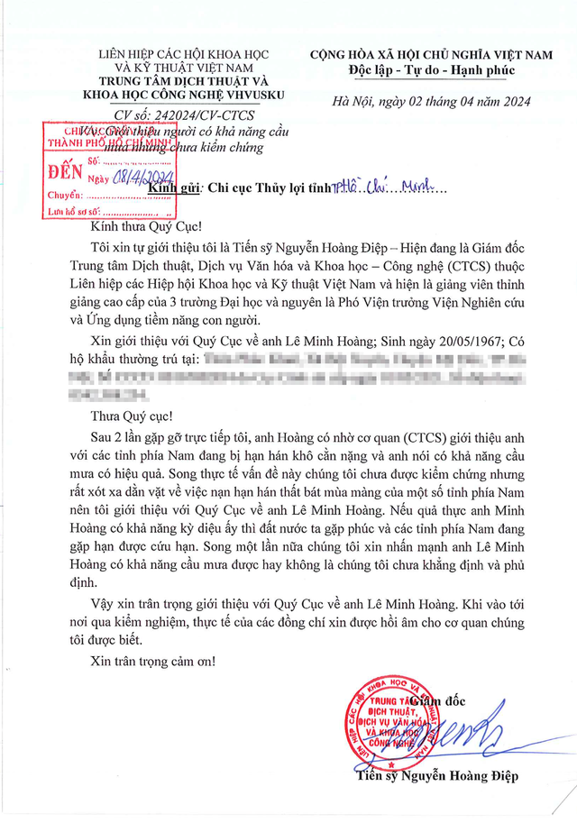 Văn bản TS Nguyễn Hoàng Điệp ký gửi Chi cục Thủy lợi TP.HCM giới thiệu ông Lê Minh Hoàng có khả năng cầu mưa nhưng chưa kiểm chứng