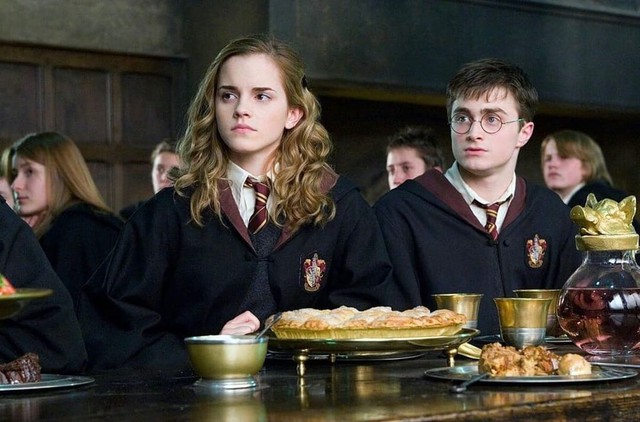 Emma Watson (as Hermione Granger) and Daniel Radcliffe (as Harry Potter) in the Harry Potter movies