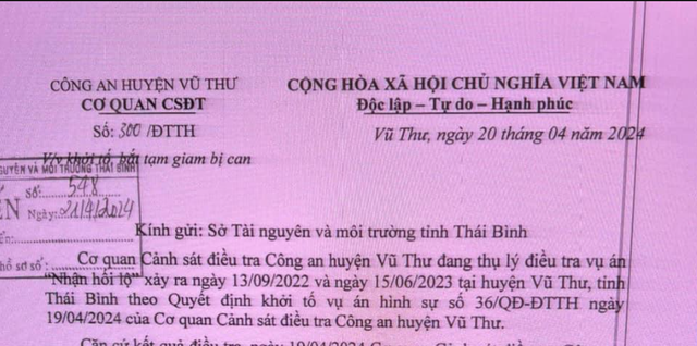 Công văn Cơ quan CSĐT Công an H.Vũ Thư gửi Sở TN-MT tỉnh Thái Bình