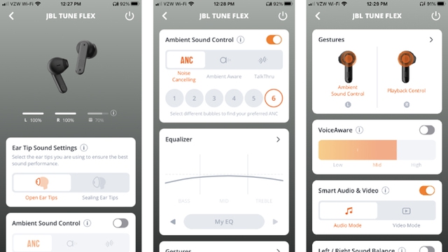 Ứng dụng JBL Headphones giúp khiểm soát tốt tai nghe Tune Flex
