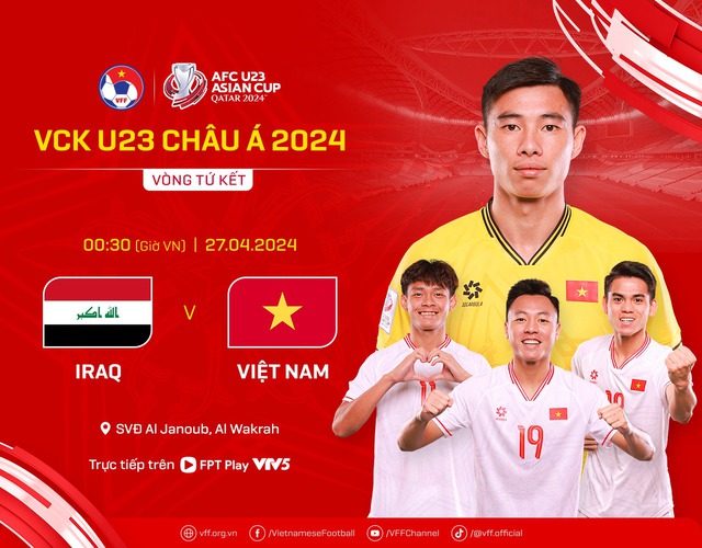 Trận tứ kết giữa U.23 Việt Nam với U.23 Iraq được trực tiếp trên VTV5, FPT Play