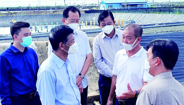 Ông Lâm Văn Mẫn, Bí thư Tỉnh ủy Sóc Trăng (thứ 2 từ trái qua),  tham quan mô hình nuôi tôm công nghệ cao vùng ven biển Sóc Trăng