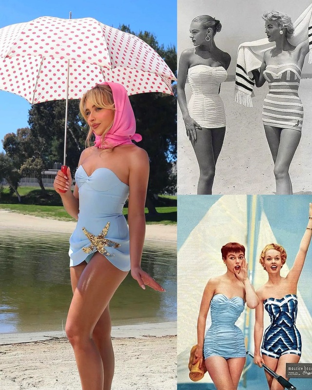 So sánh với những mẫu áo tắm thập niên 50 - 60, áo tắm của nữ ca sĩ hiện đại và mới mẻ hơn tuy vẫn bám sát phom dáng cổ điển đi cùng cấu trúc tôn hình thể cho người mặc
