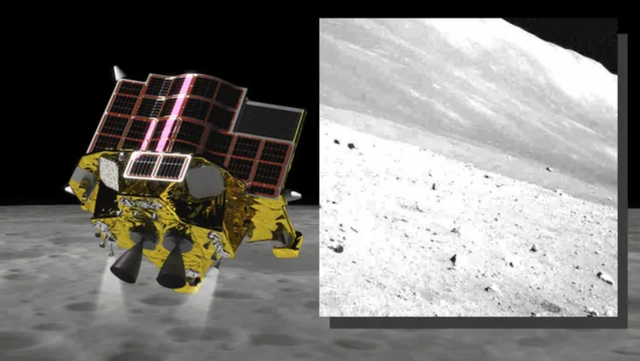 Mô phỏng tàu đổ bộ SLIM của Nhật Bản và hình ảnh tàu chụp bề mặt mặt trăng hôm 23.4