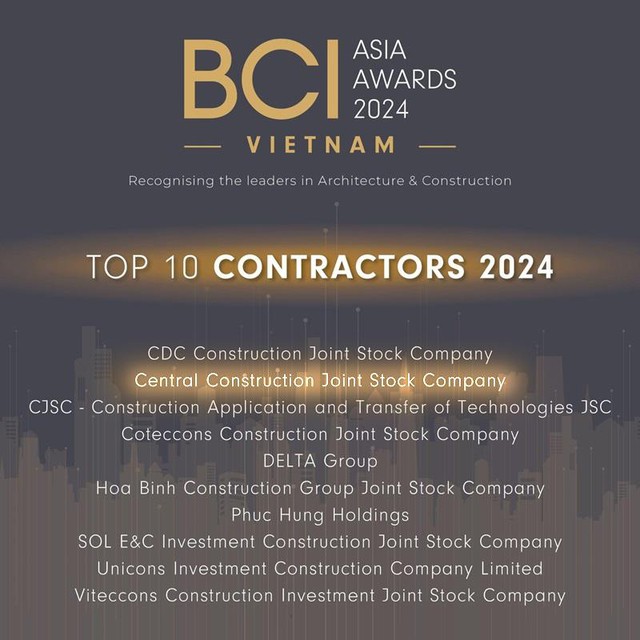 Công ty CP Xây dựng Central lọt Top 10 Nhà thầu xây dựng hàng đầu Việt Nam năm 2024
