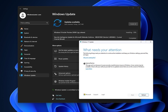 Windows 11 Build 26100 bị chặn cập nhật trên PC cài phần mềm ExplorerPatcher