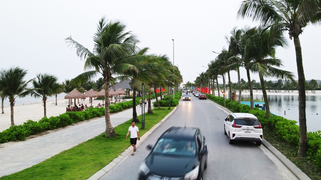 Con đường chạy dọc bãi biển Vụng Hương được trồng dừa, thảm cỏ xanh mướt
