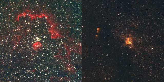 Ảnh chụp (trái) cho thấy sự hội tụ dày đặc của các ngôi sao gần trung tâm Dải Ngân hà cách trái đất khoảng 26.000 năm ánh sáng, và cụm sao trẻ khổng lồ chỉ ở cách lõi Dải Ngân hà chưa đầy 100 năm ánh sáng (phải)
