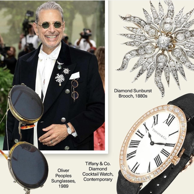 Jeff Goldblum đã gắn bộ ba chiếc kẹp kim cương vào ve áo của mình, trong đó có một trong những chiếc trâm cài Bird on a Rock nổi tiếng của Tiffany & Co, vốn đã trở thành món đồ yêu thích của những người nổi tiếng bảnh bao trong hai năm qua như Michael B Jordan...