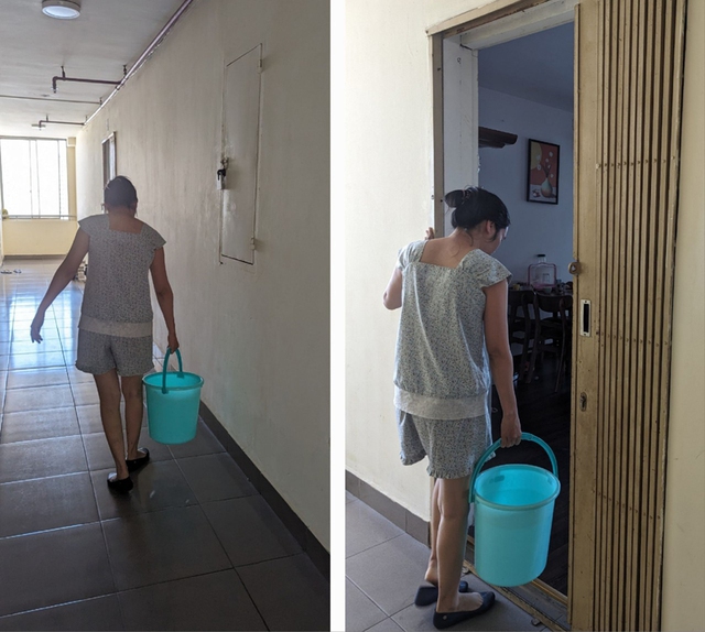 Bị cắt nước hơn 1 năm, mỗi ngày chị Trang phải xách nước từ tầng 1 lên tầng 9 để sinh hoạt