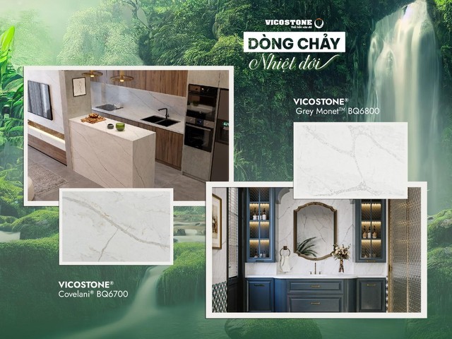 Ngôi nhà thêm tràn đầy năng lượng khi lựa chọn đá ốp VICOSTONE® Grey Monet™ BQ6800 được lấy cảm hứng từ thác nước hùng vĩ hoặc VICOSTONE® Covelani® BQ6700 phác họa những tia nắng sau màn mưa