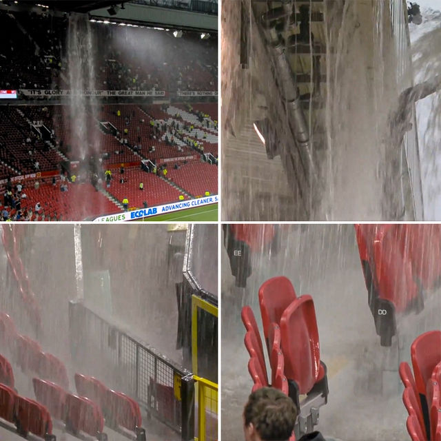 Hình ảnh sân Old Trafford xuống cấp với mái che bị dột để nước mưa tuôn xối xả xuống sân làm đau lòng nhiều CĐV M.U