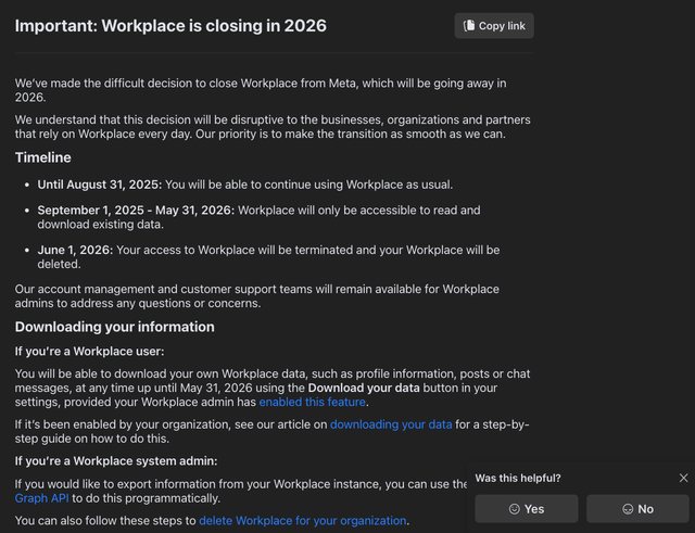 Thông báo đóng dịch vụ Workplace được Meta đăng trên trang hỗ trợ