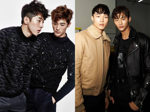 Byeon Woo Seok (đứng bên phải) bên cạnh Nam Joo Hyun (ảnh trái) và Jang Ki Yong (ảnh phải) lúc hoạt động trong làng mẫu