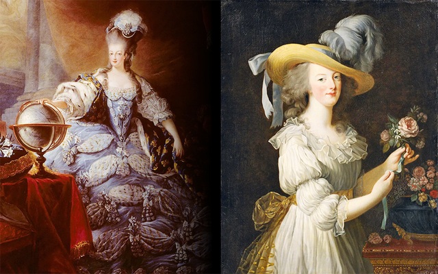 Hoàng hậu Marie Antoinette là điển hình cho sự đảo lộn xu thế của thời trang, khi bà từ người theo mốt mới nhất (ảnh trái) chuyển sang phong cách giản dị (ảnh phải). Tranh của Élisabeth Louise Vigée Le Brun