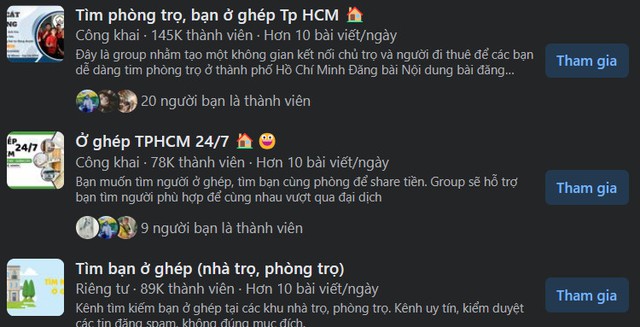 Không khó để tìm người ở ghép trên các hội nhóm